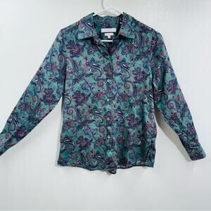Foxcroft For Appleseeds Womens Blouse Blue Paisley Button Front Long‎ Sleeve Sz6